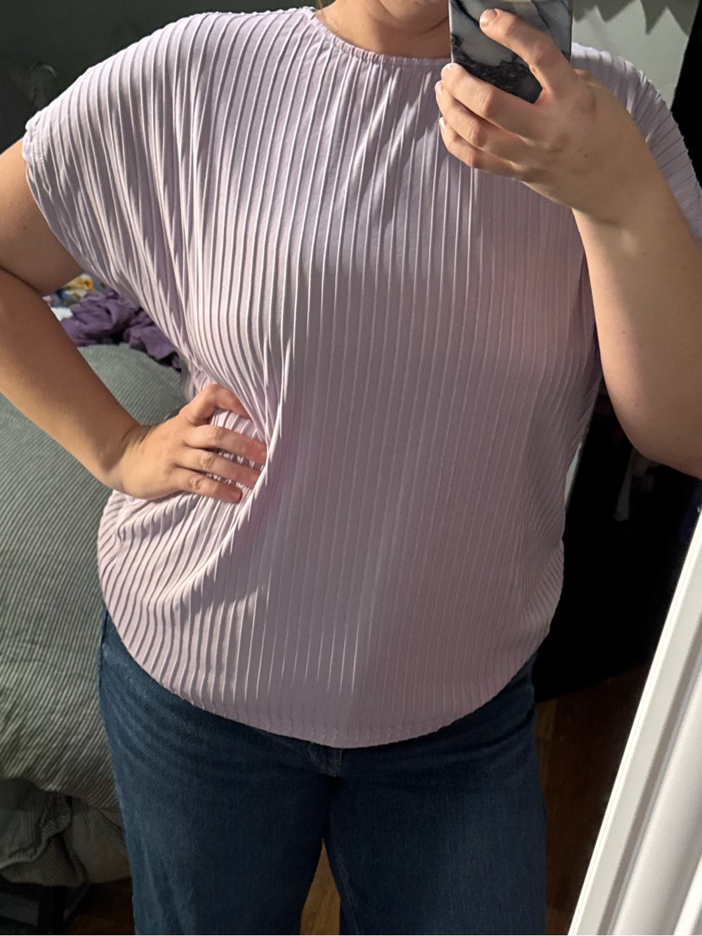 Pleated Short-Sleeve Top in Light Lavender - Women